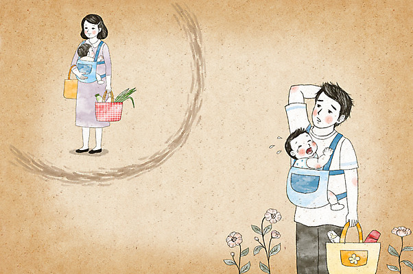 PSD 여자 남자 생각 일러스트 가족 안기 엄마 수채화 서기 여러명 성인 아기 아빠 미안 시장바구니 포대기 국내일러스트 다수 관계 모션 사람 바구니 아기용품 사죄 파일형식