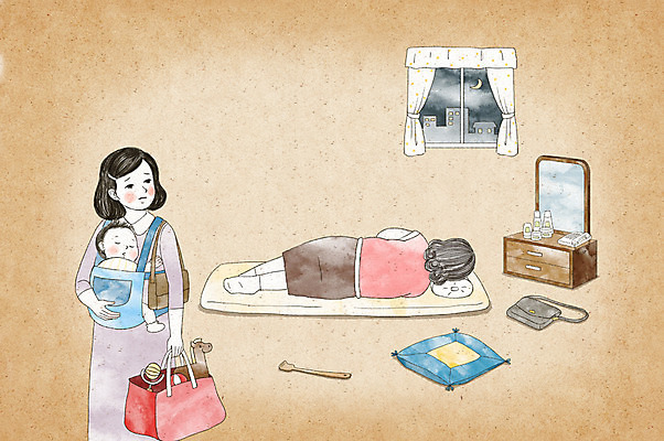 PSD 여자 노년 할머니 일러스트 가족 엄마 수채화 피곤 성인 세명 눕기 아기 잠 미안 국내일러스트 컨셉 관계 모션 사람 사죄 파일형식