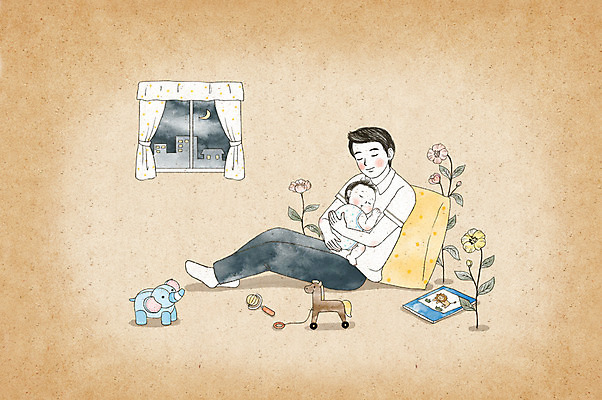 전신 PSD 남자 꽃 행복 일러스트 가족 안기 수채화 성인 두명 장난감 육아 아기 잠 아빠 남성육아휴직 육아대디 싱글대디 한부모가족 국내일러스트 식물 감정 관계 모션 사람 파일형식 육아휴직