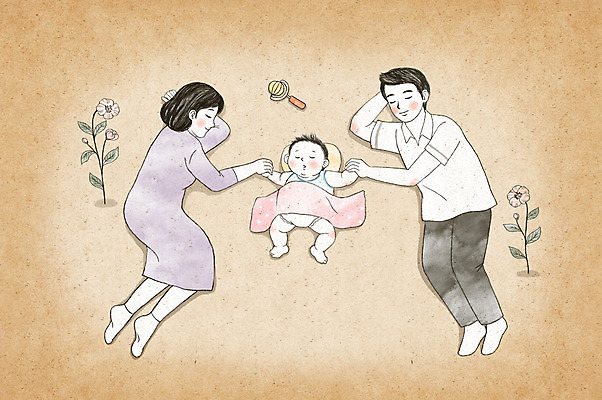 전신 PSD 여자 남자 꽃 행복 일러스트 가족 엄마 수채화 세명 부모 눕기 아기 잠 아빠 국내일러스트 식물 감정 관계 모션 사람 파일형식