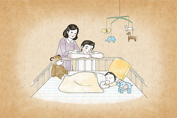 PSD 여자 남자 행복 일러스트 가족 엄마 수채화 성인 세명 곰인형 아기 잠 아빠 모빌 아기침대 흐뭇 국내일러스트 감정 인형 컨셉 관계 사람 아기용품 침대 파일형식