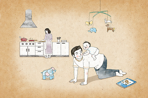 전신 PSD 여자 남자 행복 인형 가사 일러스트 가족 엄마 수채화 성인 세명 장난감 아기 아빠 즐거움 싱크대 모빌 국내일러스트 감정 관계 사람 아기용품 개수대 파일형식