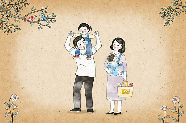 PSD 나무 여자 남자 행복 어린이 일러스트 가족 조류 엄마 수채화 여러명 성인 아기 목말 아빠 국내일러스트 식물 동물 감정 다수 관계 모션 사람 파일형식