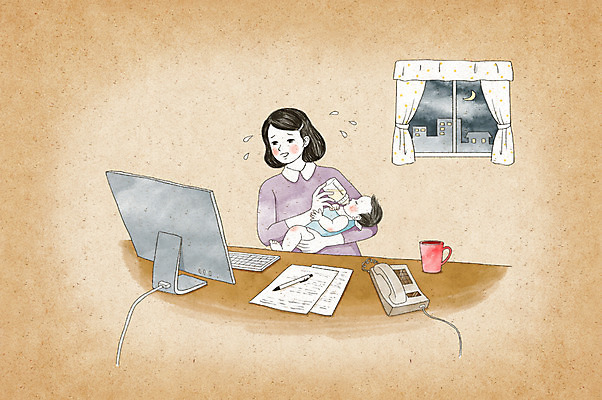 PSD 여자 남자 일러스트 가족 엄마 수채화 상반신 성인 두명 컴퓨터 육아 아기 업무 젖병 전화기 슈퍼맘 워킹맘 국내일러스트 관계 사람 전자제품 아기용품 작업 비즈니스우먼 주부 파일형식