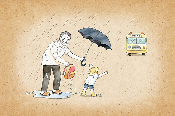 전신 PSD 할아버지 남자 어린이 일러스트 우산 가족 수채화 두명 유치원생 비 스쿨버스 손주 유치원가방 국내일러스트 자연요소 노년 가방 관계 날씨 버스 사람 파일형식