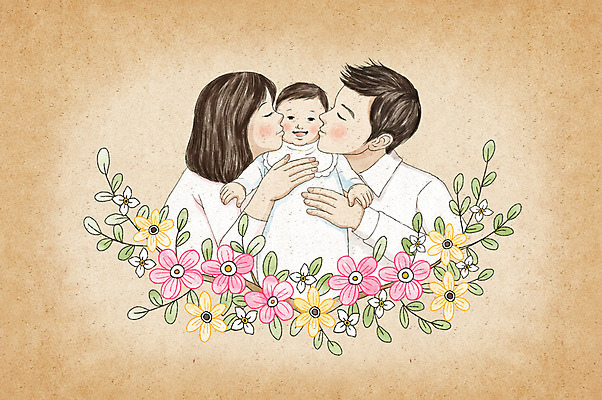 PSD 여자 꽃 아들 일러스트 가족 엄마 수채화 키스 상반신 성인 세명 화목 아기 아빠 국내일러스트 식물 컨셉 관계 사람 애정표현 파일형식