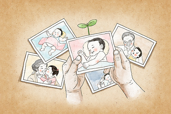 PSD 손 여자 할아버지 남자 행복 할머니 일러스트 가족 수채화 여러명 신체부위 새싹 아기 추억 손주 폴라로이드사진 국내일러스트 식물 노년 감정 다수 컨셉 관계 사람 폴라로이드 파일형식