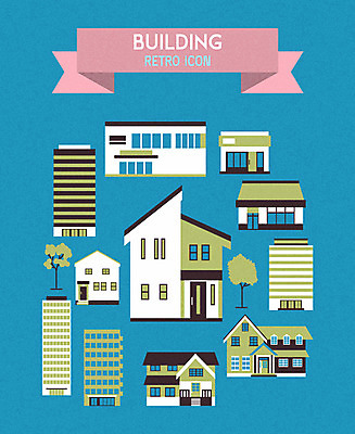 나무 아이콘 주택 빌딩 사람없음 복고 2D아이콘 AI파일 식물 건물 파일형식 벡터
