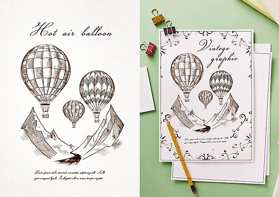 PSD 종이 백그라운드 일러스트 산 프레임 집게 사람없음 연필 라벨 열기구 빈티지 복고 목업 국내일러스트 컨셉 항공교통 학용품 필기구 파일형식