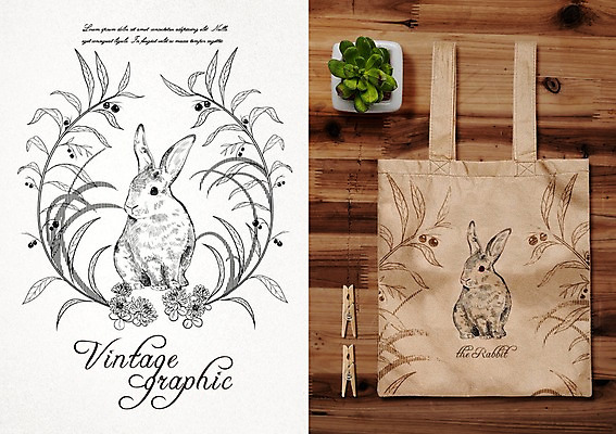 PSD 한마리 꽃 화분 백그라운드 일러스트 프레임 집게 사람없음 라벨 토끼 빈티지 복고 에코백 목업 국내일러스트 식물 1 컨셉 가방 포유류 반려동물 에코 파일형식