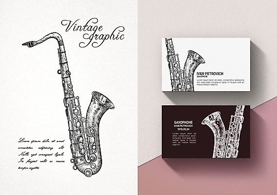 PSD 백그라운드 일러스트 명함 프레임 사람없음 라벨 빈티지 복고 트럼펫 목업 가로명함 국내일러스트 컨셉 금관악기 파일형식