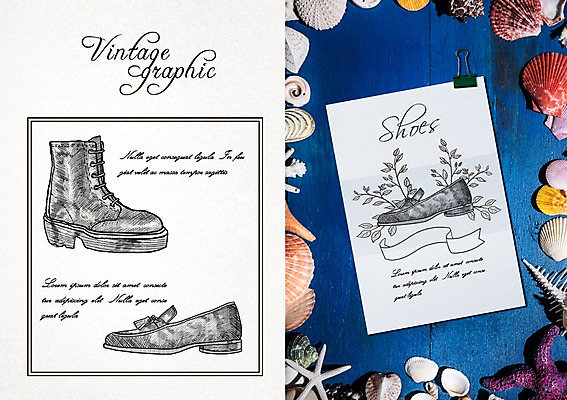 PSD 백그라운드 신발 일러스트 조개 프레임 집게 사람없음 라벨 빈티지 복고 목업 국내일러스트 컨셉 어패류 파일형식