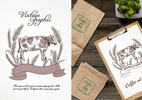 PSD 한마리 백그라운드 일러스트 프레임 사람없음 종이봉투 라벨 벼 빈티지 젖소 복고 서류판 목업 국내일러스트 1 컨셉 봉투 곡류 사무용품 소 파일형식