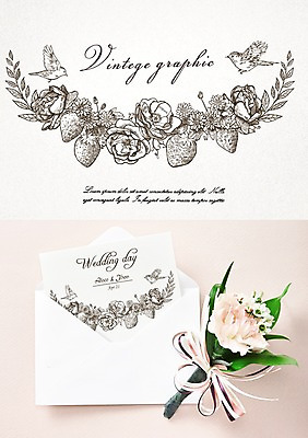 PSD 꽃 백그라운드 일러스트 딸기 프레임 사람없음 라벨 빈티지 편지 청첩장 복고 목업 국내일러스트 식물 컨셉 과일 카드_감사 파일형식