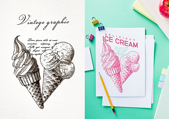 PSD 백그라운드 일러스트 프레임 집게 사람없음 연필 라벨 빈티지 사과 복고 콘아이스크림 목업 국내일러스트 컨셉 과일 학용품 아이스크림 필기구 파일형식