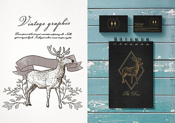 PSD 한마리 백그라운드 일러스트 명함 사슴 프레임 사람없음 라벨 빈티지 복고 스프링노트 목업 가로명함 국내일러스트 1 컨셉 포유류 공책 파일형식
