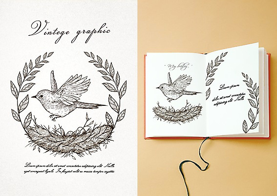 PSD 한마리 백그라운드 잎 일러스트 조류 프레임 사람없음 라벨 다이어리 빈티지 정지 복고 목업 국내일러스트 식물 동물 1 컨셉 모션 사무용품 파일형식
