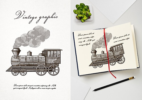 PSD 백그라운드 일러스트 프레임 사람없음 연필 라벨 다이어리 기차 빈티지 복고 증기기관차 목업 국내일러스트 육상교통 컨셉 학용품 대중교통 필기구 사무용품 파일형식