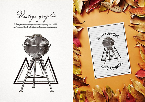 PSD 백그라운드 낙엽 일러스트 프레임 사람없음 라벨 캠핑 빈티지 바비큐 복고 바베큐그릴 목업 국내일러스트 음식 컨셉 잎 레저 그릴 파일형식
