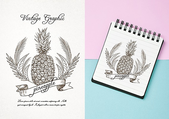 PSD 백그라운드 일러스트 프레임 사람없음 라벨 빈티지 파인애플 복고 스프링노트 목업 국내일러스트 컨셉 과일 공책 열대과일 파일형식