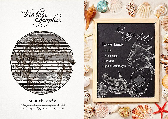 PSD 백그라운드 일러스트 불가사리 프레임 사람없음 라벨 칠판 샐러드 빈티지 소시지 소라 복고 브런치 가리비 목업 국내일러스트 음식 컨셉 조개 어패류 극피동물 식사 가공식품 파일형식