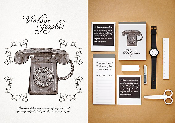 PSD 백그라운드 일러스트 프레임 가위 자 사람없음 라벨 빈티지 USB 전화기 손목시계 복고 커터칼 목업 국내일러스트 시계 컨셉 장신구 문구용품 사무용품 파일형식