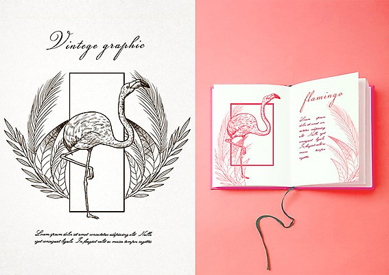 PSD 백그라운드 두마리 일러스트 프레임 사람없음 라벨 다이어리 빈티지 플라밍고 복고 목업 트로피컬아트 국내일러스트 컨셉 2 조류 사무용품 그림 파일형식