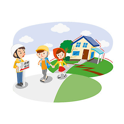 전신 여자 남자 어린이 일러스트 주택 성인 세명 걷기 손잡기 표지판 균열 자연재해 도피 대피 지진 국내일러스트 AI파일 모션 알림판 사람 건물 재해 파일형식 벡터