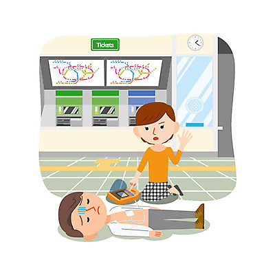 여자 남자 일러스트 성인 두명 자연재해 전철역 인명구조 심장마비 자동제세동기 국내일러스트 AI파일 의학 사람 역 질병 구조원 재해 파일형식 벡터