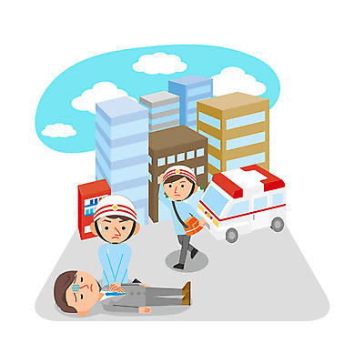 전신 남자 일러스트 빌딩 성인 세명 도시 직장인 구급차 구조원 자연재해 심폐소생술 인명구조 국내일러스트 AI파일 직업 자동차 사람 건물 재해 파일형식 벡터