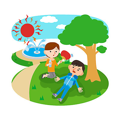 전신 나무 여자 남자 일러스트 성인 두명 태양 자연재해 분수 부채질 일사병 국내일러스트 AI파일 자연요소 식물 사람 질병 재해 파일형식 벡터