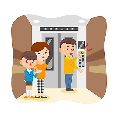 전신 여자 남자 어린이 일러스트 서기 성인 세명 엘리베이터 자연재해 갇힘 비상버튼 승강기사고 국내일러스트 AI파일 모션 버튼 사람 사건 재해 파일형식 벡터