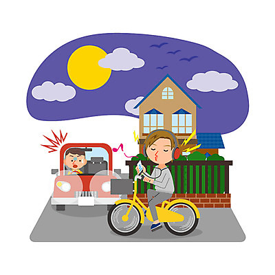 남자 일러스트 자동차 성인 두명 자전거 헤드셋 음악감상 야간 위험 자연재해 교통사고 교통안전 국내일러스트 AI파일 자연요소 육상교통 음향기기 컨셉 안전 사람 바이크 헤드폰 감상 사건 재해 파일형식 벡터