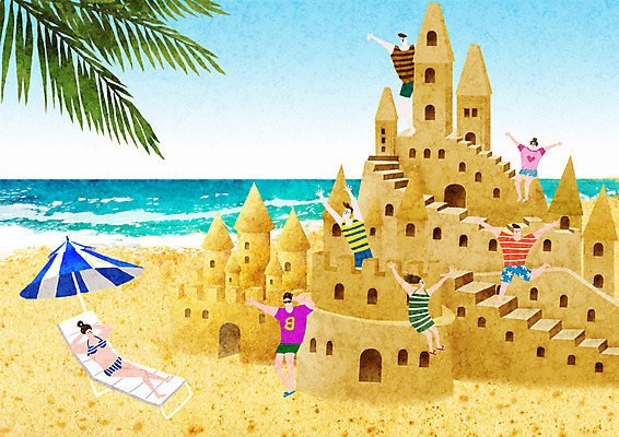 PSD 여자 남자 모래 여행 일러스트 한국 여러명 성인 모래사장 축제 파라솔 즐거움 선베드 모래성 지역축제 대한민국축제 국내일러스트 감정 아시아 바다 다수 의자 사람 파일형식