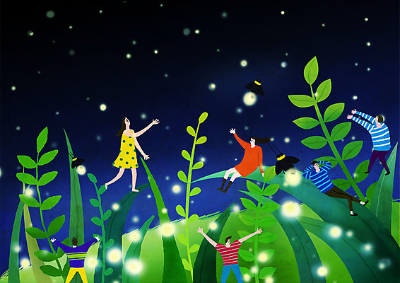 PSD 여자 남자 야경 일러스트 한국 여러명 성인 축제 풀잎 즐거움 반딧불이 지역축제 대한민국축제 국내일러스트 감정 아시아 다수 곤충 잎 사람 풀_식물 야간 파일형식 풍경_경치