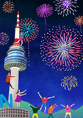 PSD 여자 남자 야경 일러스트 불꽃 한국 불꽃놀이 여러명 성인 축제 즐거움 남산 지역축제 대한민국축제 국내일러스트 감정 아시아 다수 놀이 불 서울 사람 야간 랜드마크 파일형식 풍경_경치