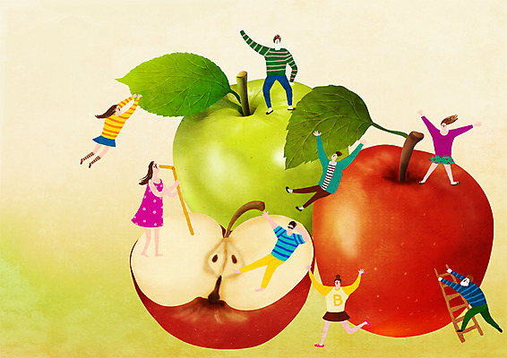 PSD 여자 남자 과일 일러스트 사다리 한국 여러명 성인 축제 사과 즐거움 특산물 청사과 지역축제 대한민국축제 국내일러스트 감정 아시아 다수 사람 도구 파일형식