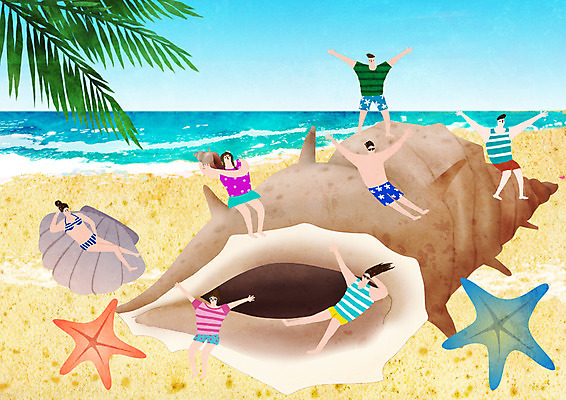 PSD 여자 남자 일러스트 조개 불가사리 한국 여러명 성인 여름 모래사장 축제 소라 해수욕장 즐거움 지역축제 대한민국축제 국내일러스트 계절 감정 아시아 바다 다수 어패류 극피동물 사람 파일형식