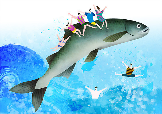 PSD 여자 남자 바다 일러스트 한국 어류 여러명 성인 축제 즐거움 은어 지역축제 대한민국축제 국내일러스트 감정 아시아 다수 사람 수중동물 민물고기 파일형식