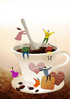 PSD 여자 남자 커피 일러스트 한국 여러명 성인 쿠키 축제 원두 커피잔 티스푼 즐거움 지역축제 대한민국축제 국내일러스트 감정 아시아 음료 다수 디저트 잔 사람 숟가락 파일형식