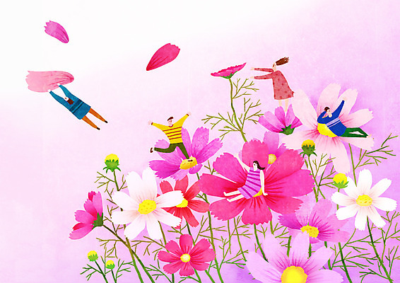 PSD 여자 남자 꽃잎 일러스트 한국 여러명 성인 축제 가을 즐거움 코스모스 꽃축제 지역축제 대한민국축제 국내일러스트 계절 꽃 감정 아시아 다수 사람 파일형식