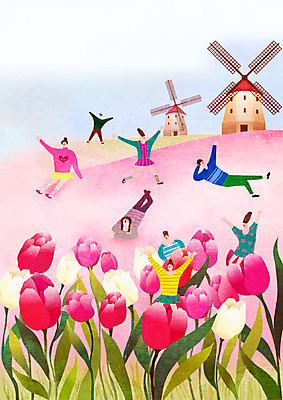 PSD 여자 남자 일러스트 한국 여러명 성인 축제 봄 풍차 튤립 즐거움 튤립축제 지역축제 대한민국축제 국내일러스트 계절 꽃 감정 아시아 다수 사람 꽃축제 파일형식