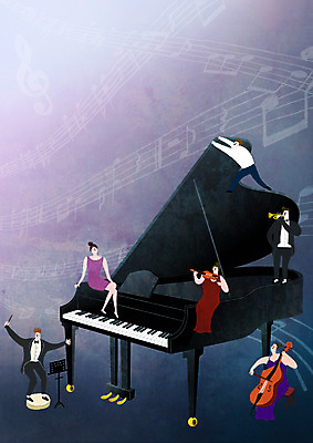 PSD 여자 남자 악기 일러스트 한국 여러명 성인 축제 건반 피아노 즐거움 트럼펫 첼로 지휘자 지휘 음악축제 지역축제 대한민국축제 예술축제 국내일러스트 감정 아시아 예술 음악 다수 사람 음악가 건반악기 금관악기 파일형식 찰현악기