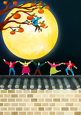 PSD 한국전통 여자 남자 일러스트 여러명 성인 담장 추석 손잡기 축제 보름달 한복 감나무 즐거움 기와지붕 국내일러스트 나무 전통 명절 감정 다수 모션 지붕 한국 기와 감 사람 달 전통의상 파일형식