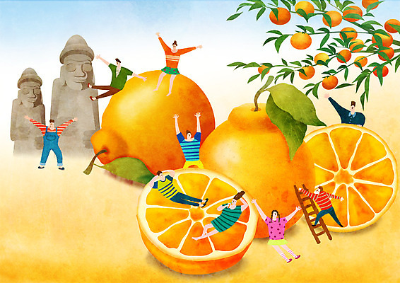 PSD 여자 남자 과일 일러스트 사다리 한국 여러명 성인 제주도 축제 돌하르방 즐거움 특산물 한라봉 감귤나무 지역축제 대한민국축제 국내일러스트 나무 감정 아시아 다수 사람 도구 파일형식