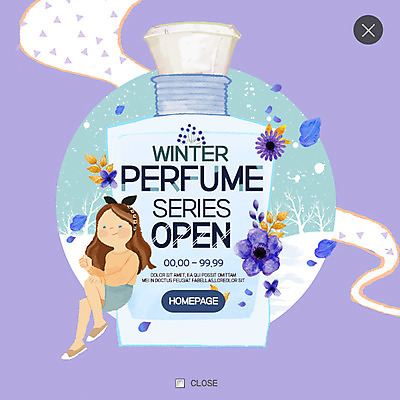 PSD 템플릿 여자 웹템플릿 겨울 팝업 웹팝업 한명 쇼핑 눈송이 향수 향기 스노글로브 레이어팝업 이미지템플릿 1 계절 눈_날씨 사람 장식 화장품 냄새 파일형식