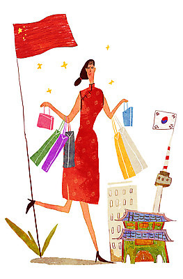 PSD 여자 여행 일러스트 한명 쇼핑 쇼핑백 중국인 여행객 태극기 치파오 오성홍기 남산 유커 국내일러스트 외국인 1 가방 서울 사람 동양인 중국 국기 전통의상 랜드마크 파일형식