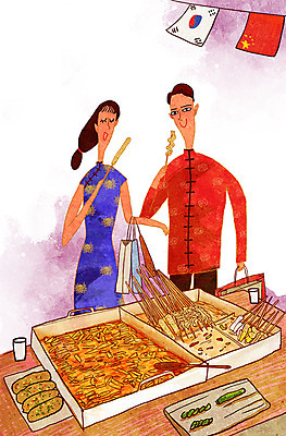 PSD 여자 남자 여행 일러스트 두명 중국인 여행객 어묵 태극기 치파오 오성홍기 길거리음식 유커 국내일러스트 외국인 음식 사람 동양인 중국 국기 전통의상 파일형식