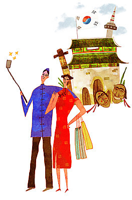 PSD 여자 남자 여행 일러스트 성인 두명 쇼핑 쇼핑백 중국인 여행객 태극기 치파오 셀프카메라 경복궁 하회탈 장승 남산 유커 국내일러스트 외국인 가방 서울 한국 사람 동양인 사진촬영 궁전 국기 전통의상 탈 랜드마크 파일형식