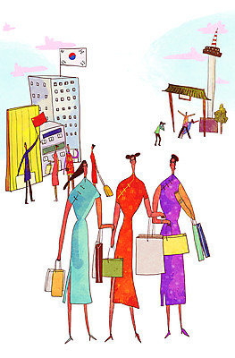 전신 PSD 여자 남자 여행 일러스트 빌딩 여러명 쇼핑 쇼핑백 중국인 여행객 태극기 치파오 오성홍기 남산 유커 국내일러스트 외국인 다수 가방 서울 사람 동양인 건물 중국 국기 전통의상 랜드마크 파일형식